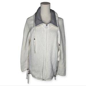 Pure Handknit Cotton Zip Front Sweater Jacket Ivory Gray Size S